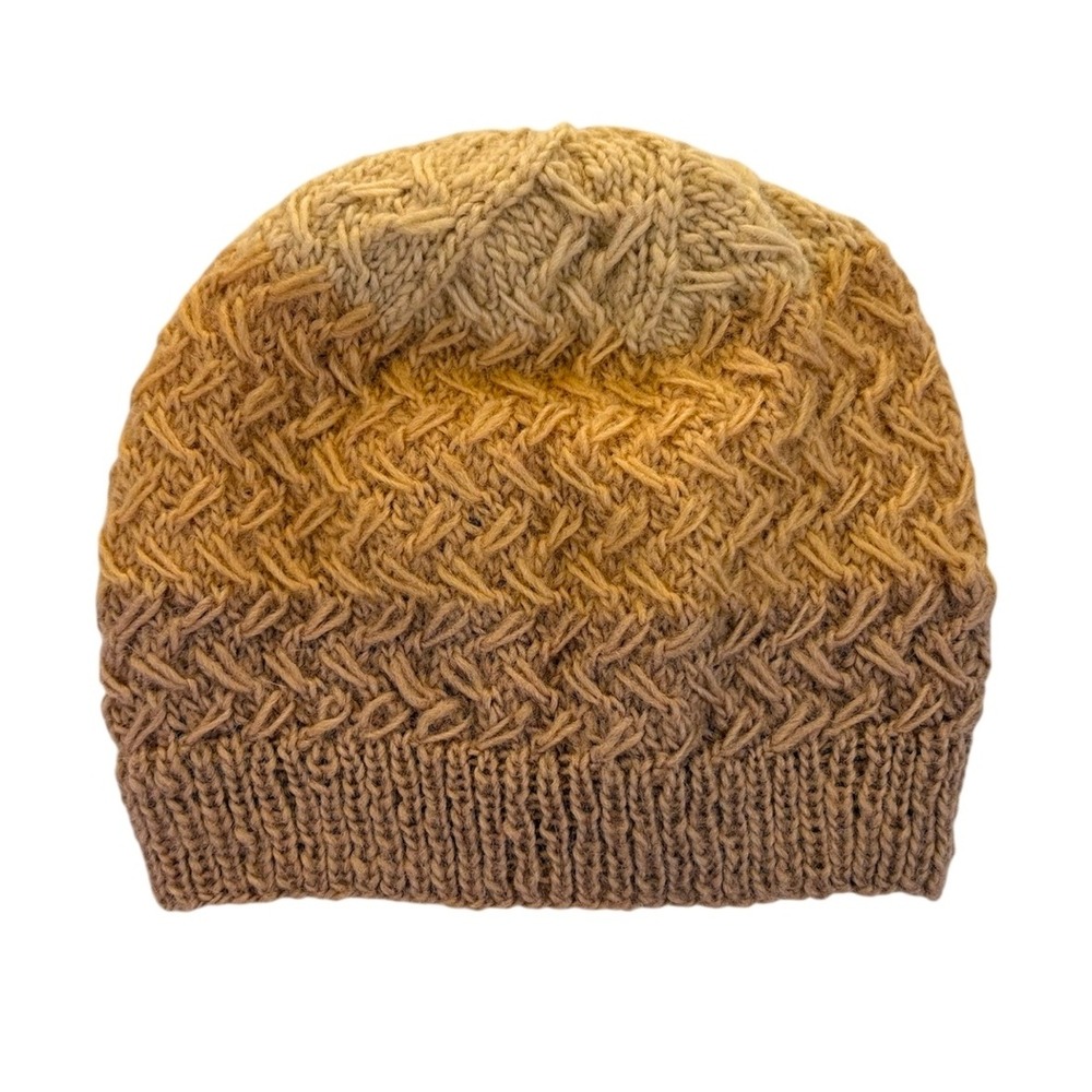 KTS Handmade Nepal 100% Wool Beanie Basketweave Knit Brown Tan Fair Trade Hat